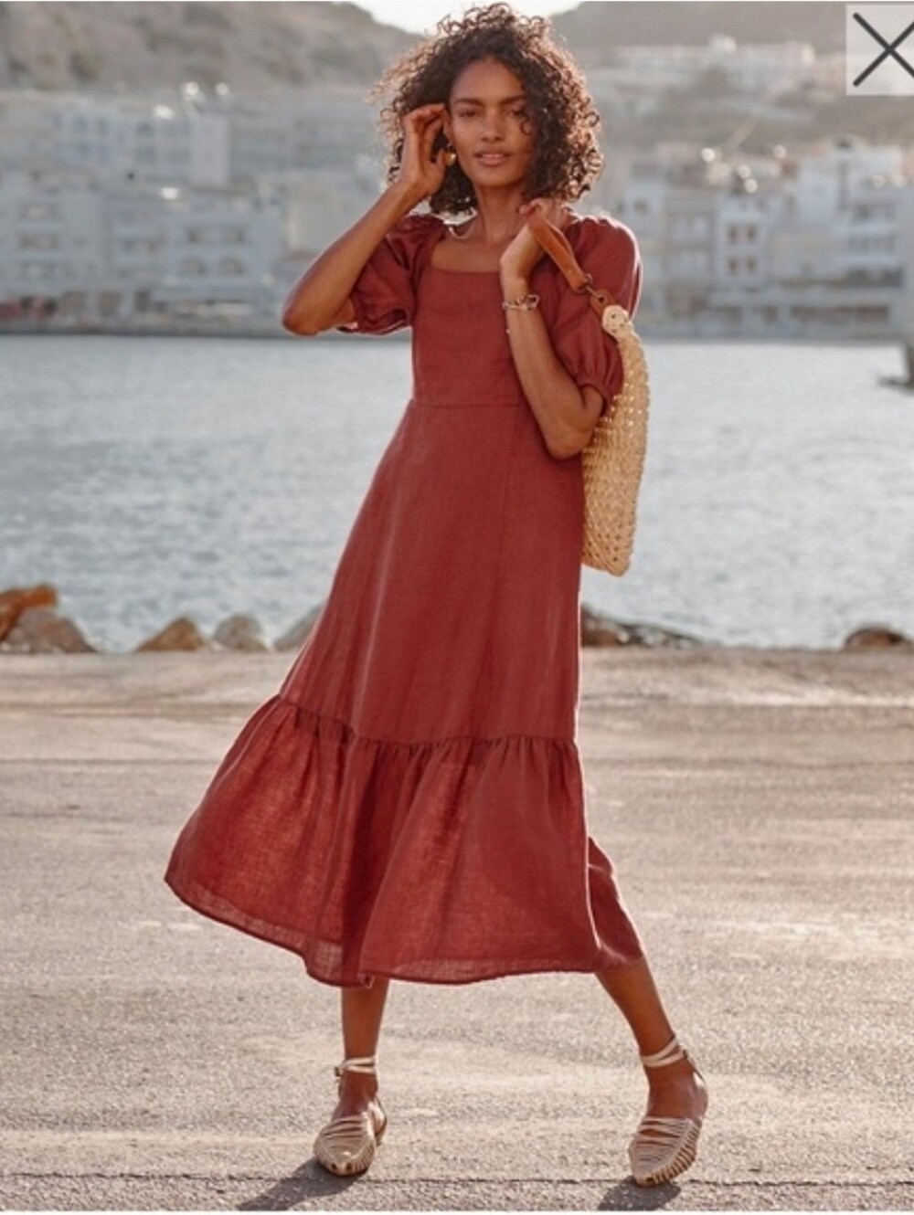 Garnet Hill Navy-Grey Square-Neck Puff Sleeve 100% Linen Midi Dress Size XS